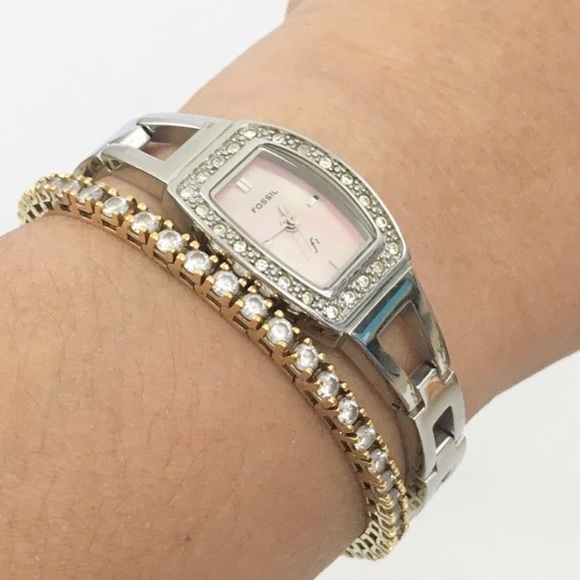 Vintage Fossil Mother of Pearl CZ Rhinestones Stainless Strap Watch - Picture 1 of 9